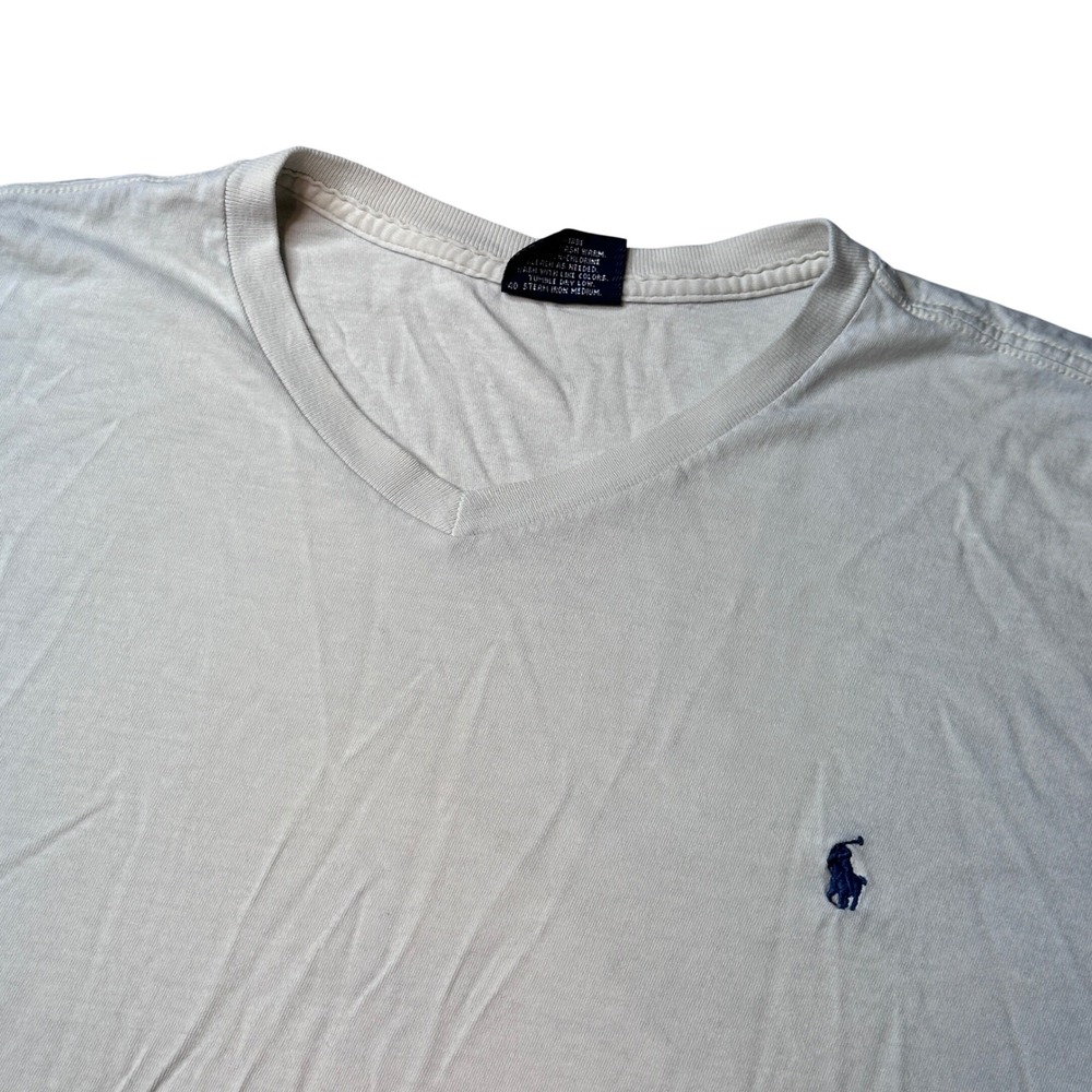 Vintage Polo Ralph Lauren T-Shirt Mens XL V-Neck Cream Short Sleeve Cotton Logo